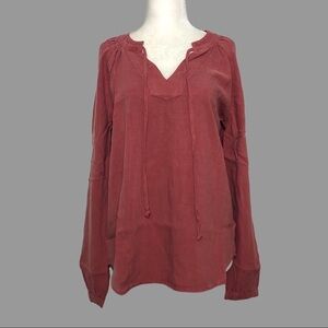 🧡 S 🧡 NWT Anthro Top Spliced Neck Blouse V-Neck Drawstring Puffed Sleeves​